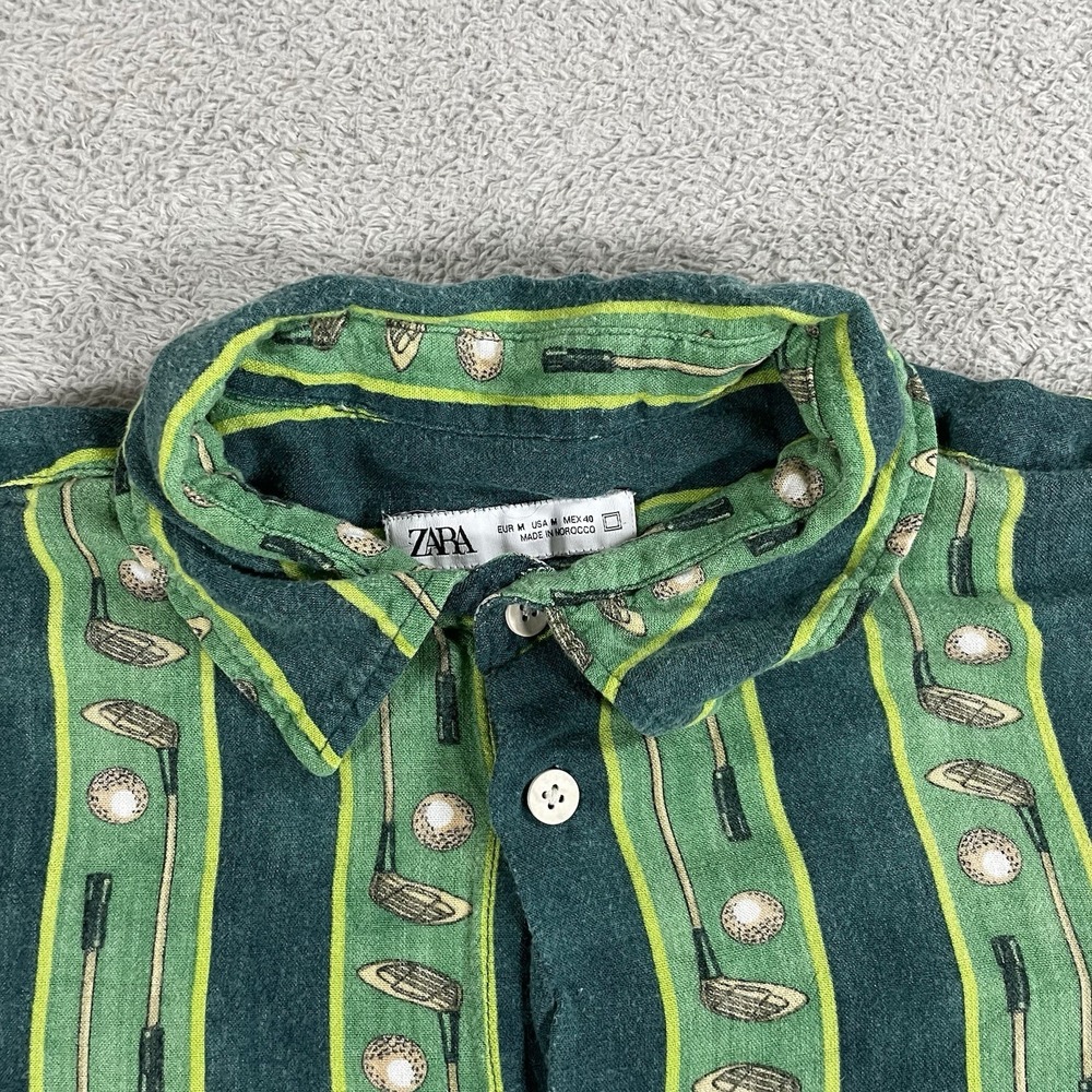 Zara Shirt Mens Medium Green Button Up Short Sleeve Viscose Golf Clubs Striped - Picture 4 of 10